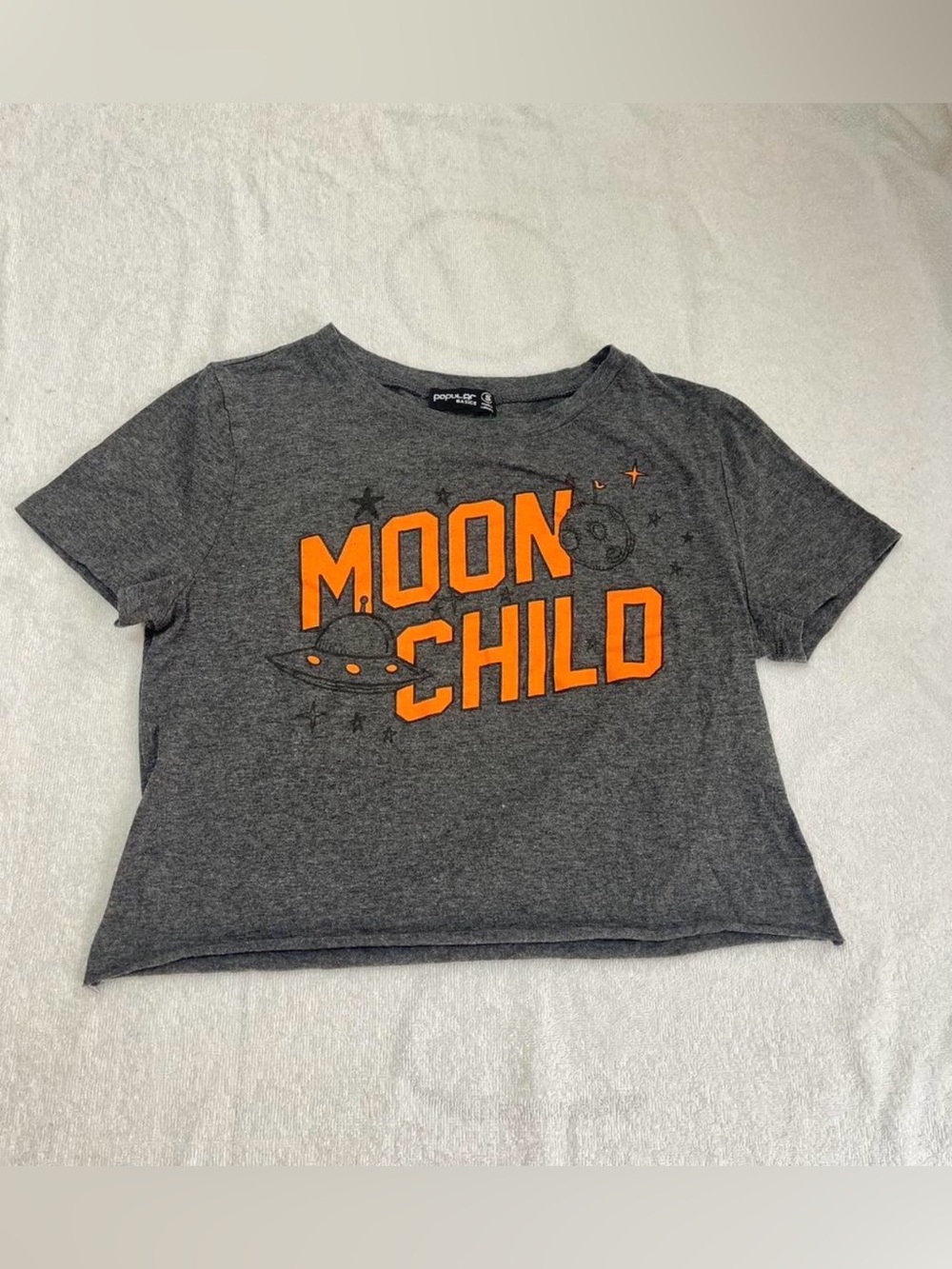 Popular Basics Gray Tee with Bright Orange "Moon Child" Graphic